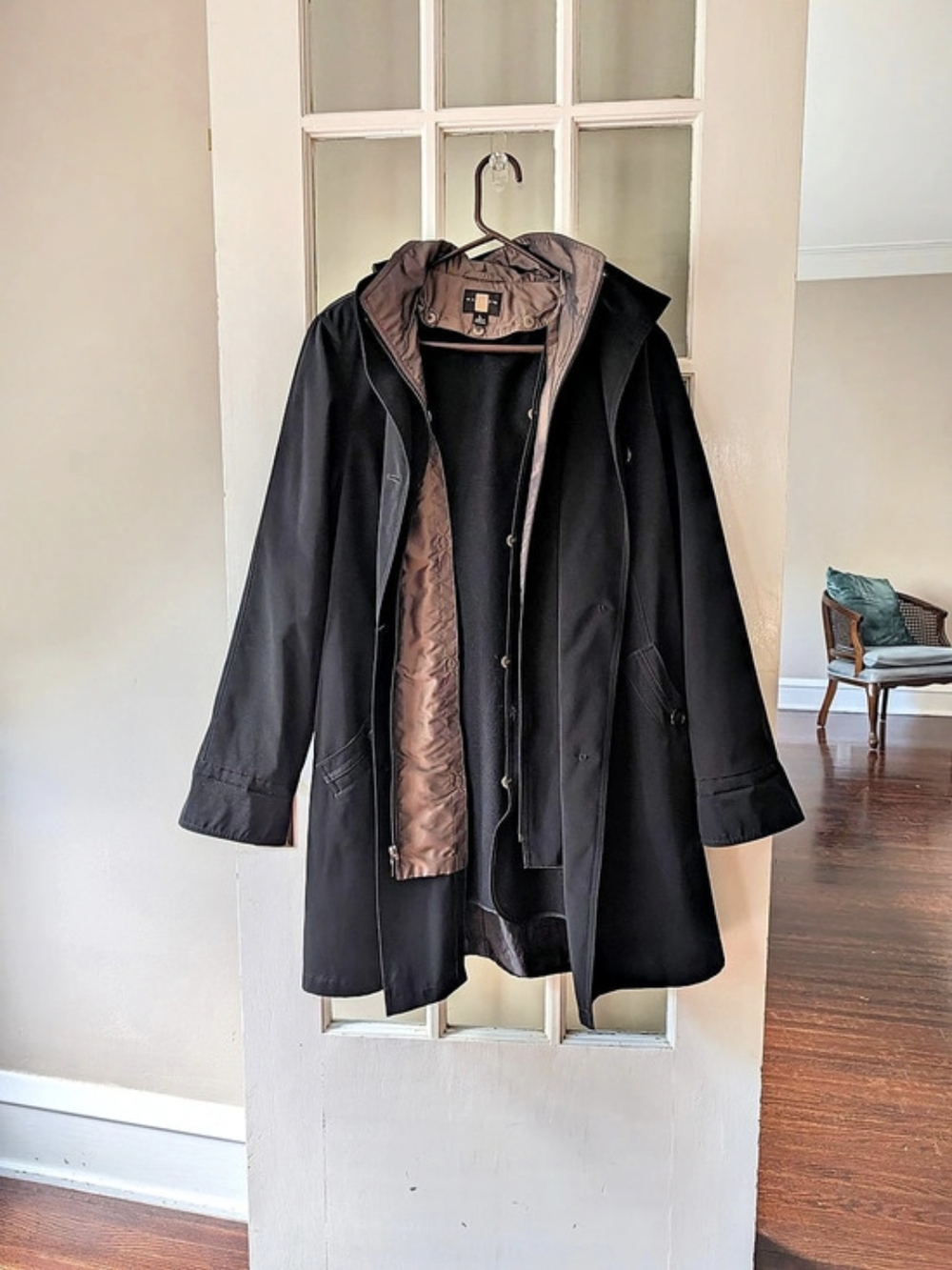 Gallery Black Contrast Hooded Rain Trench Coat Large Jacket Zip Snap Pockets